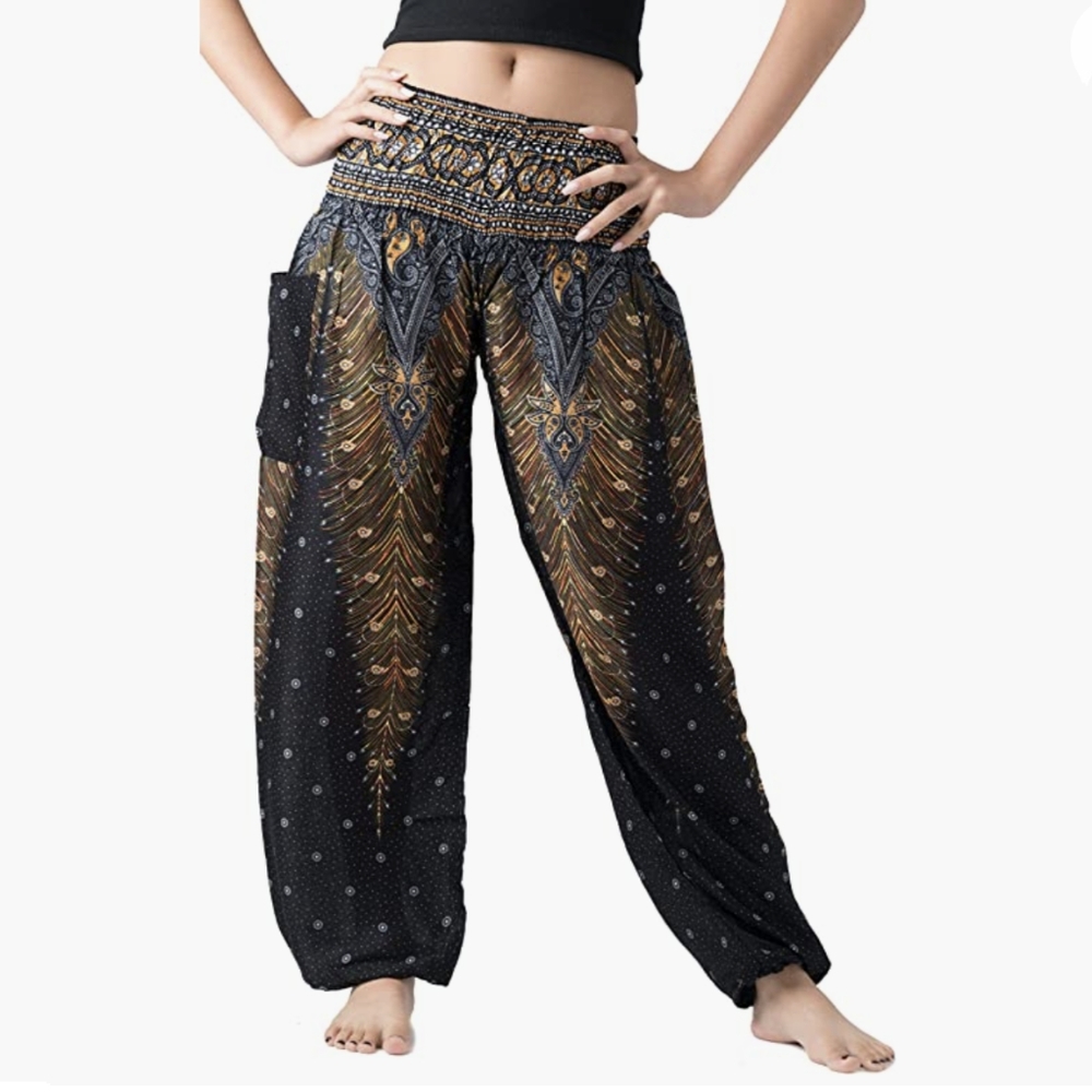 B Bangkok Boho Bohemian Style Pants in Black Peacock Print